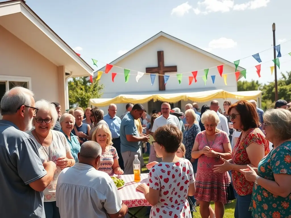 A photograph of a community event held on the church grounds, featuring local artisans, food stalls, and families enjoying the festivities.