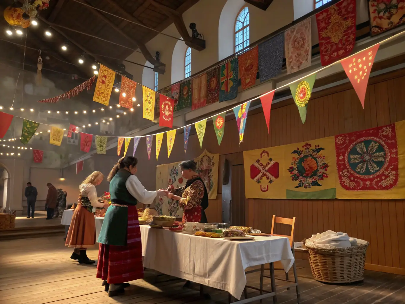 A photograph capturing a cultural event or workshop taking place inside the Église de Recoules, with participants actively engaged in learning and celebrating local heritage. The image should convey a sense of community and cultural enrichment.