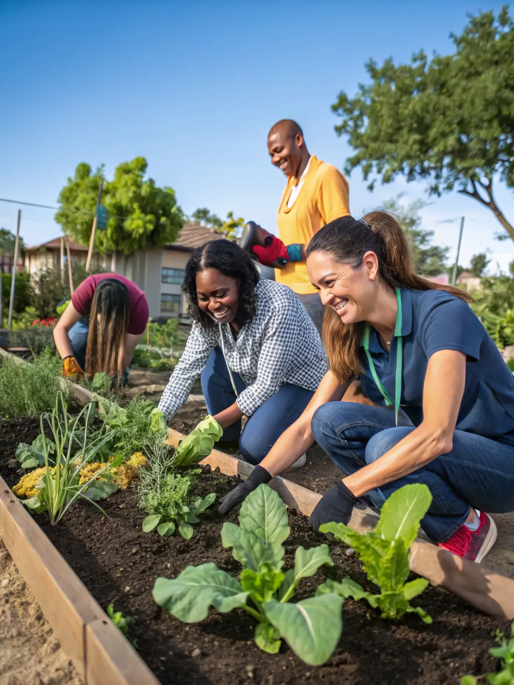 A photograph of volunteers working on the church grounds, planting flowers and maintaining the landscape, demonstrating community involvement.