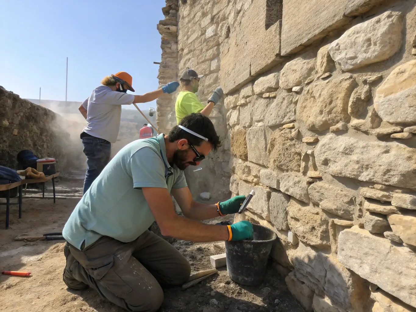 A photograph capturing a heritage preservation workshop in progress, showcasing participants learning traditional restoration techniques on a section of the church's interior wall.