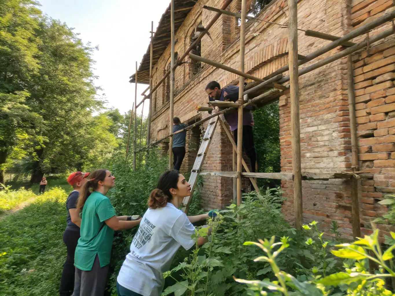 A photograph depicting volunteers working together on a restoration project at the Église de Recoules, showcasing their dedication and collaborative spirit. The image should convey a sense of teamwork and community involvement.